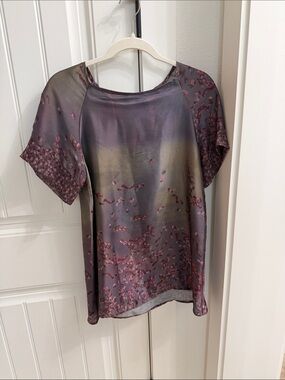 Muted Purple Satin Short-Sleeve Floral Blouse